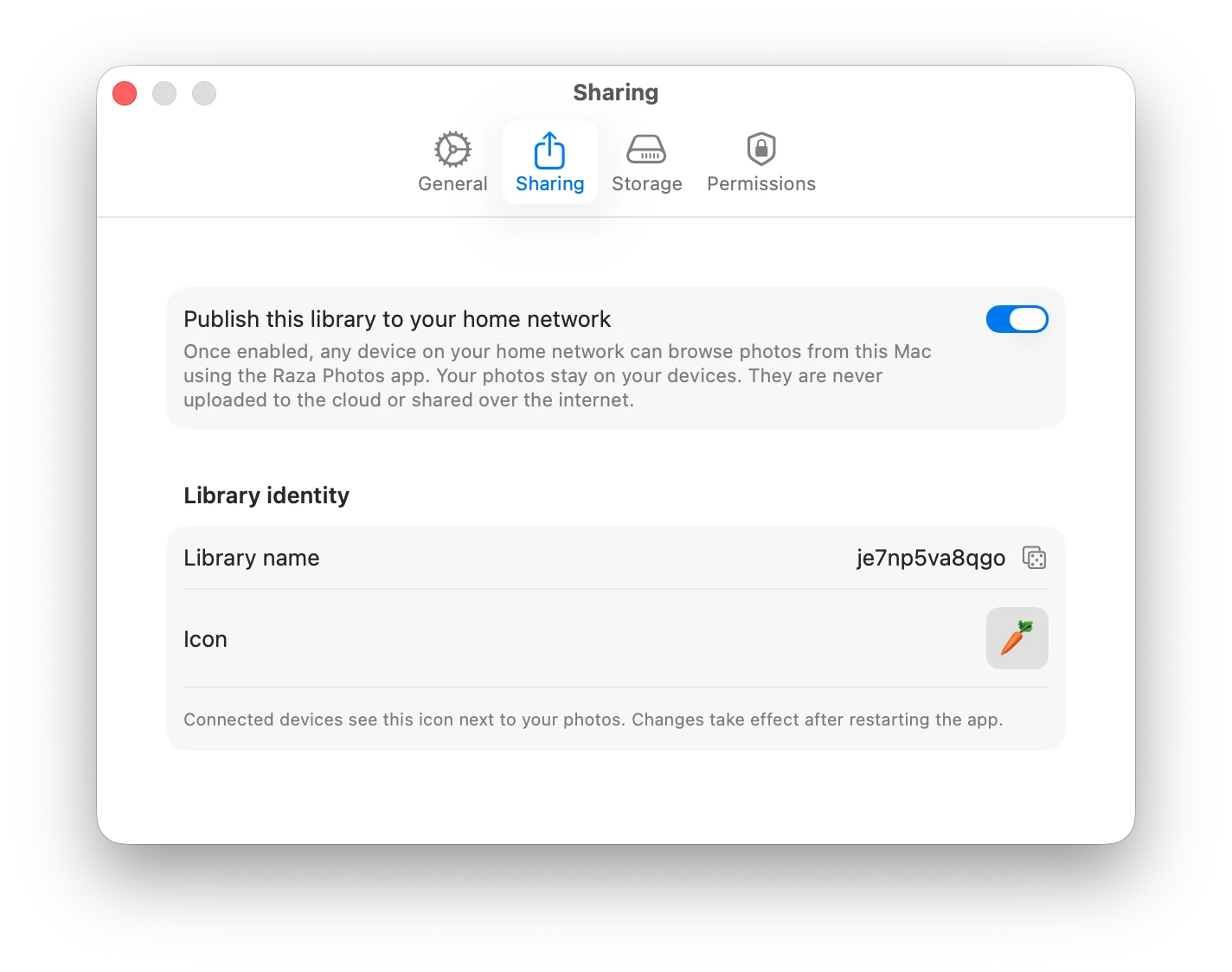 The Sharing tab in the Mac settings, with the switch to publish the library to your home network